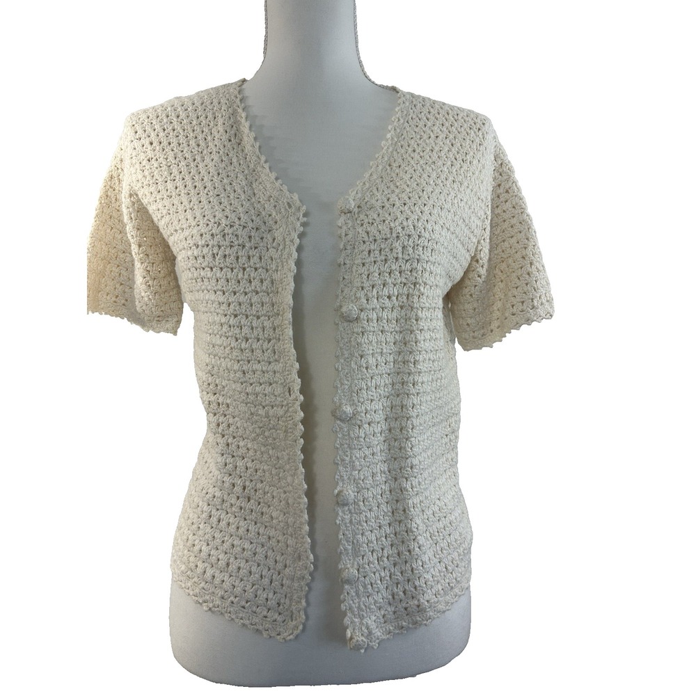 Cream Crochet Y2K Coquette Cardigan 55% Rami/45% Cotton Open Knit Button  Sz S